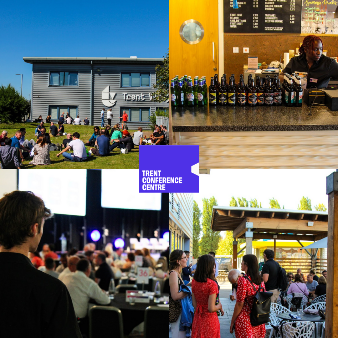 This image shows a collection of spaces within Trent Conference Cnetre and features the venues purple rectangular shaped logo in the middle. The top left image is of the outside of the venue, the top right is of the bar, the bottom left is of the event space and the bottom right is of people outside enjoying a conference.